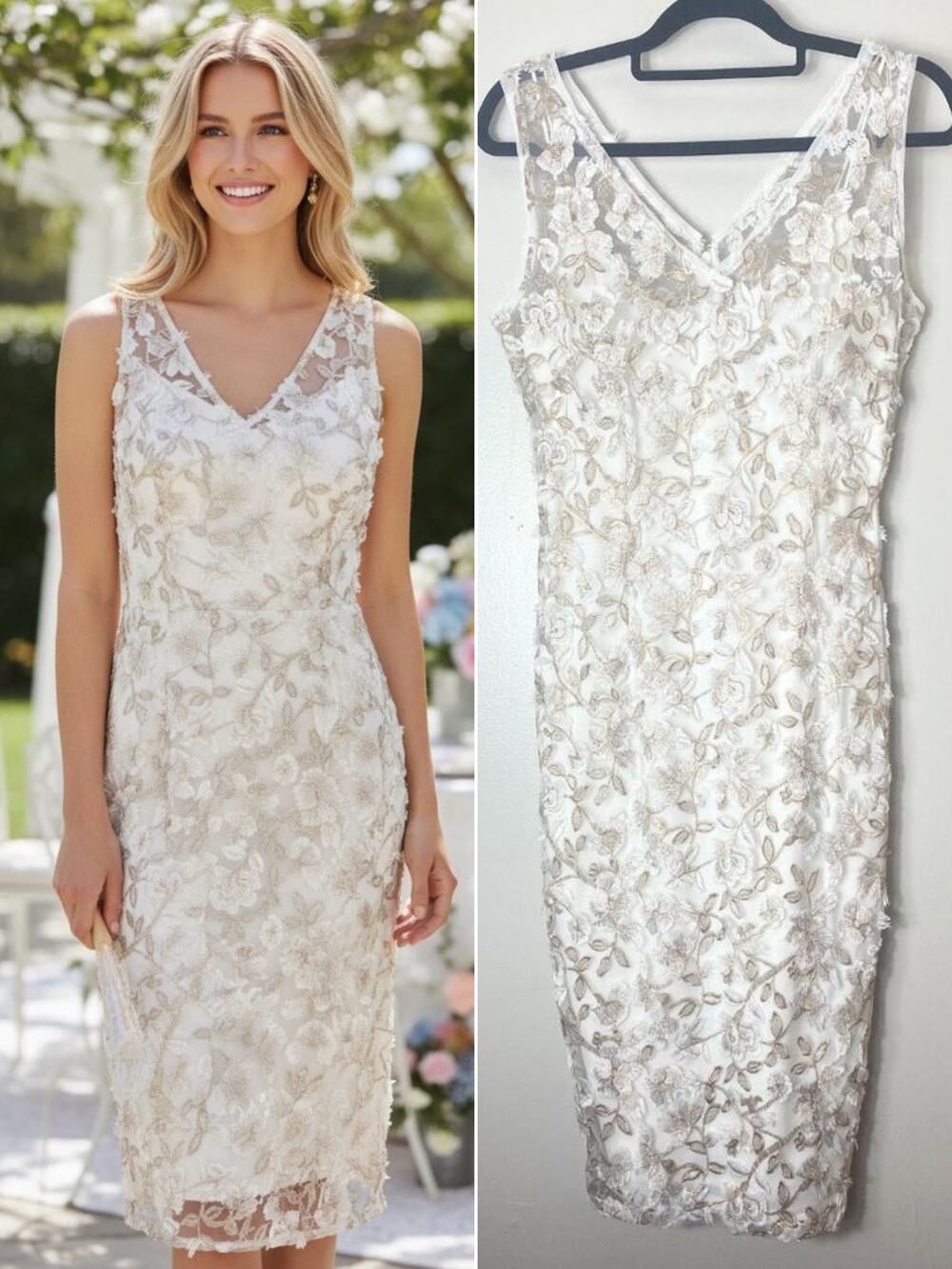 Adrianna Papell White Gold Wedding Dress Floral Embroidered Bridal Shower